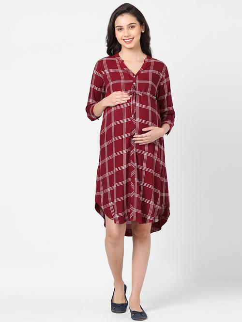 mandarin neck checkered maternity wear dress - 18027407 - Very Small Image - 1