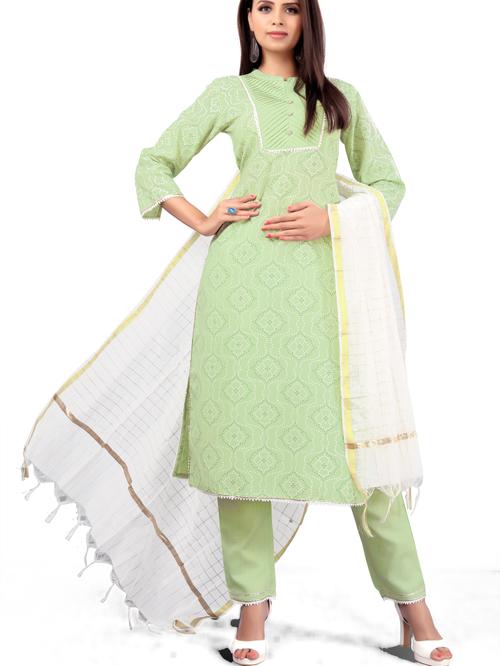 madhuram woman cotton kurta with cotton pant and jacquard dupatta set (light green) - 18027558 - Very Small Image - 1