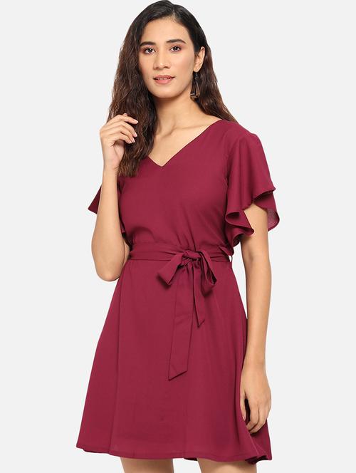 tie front solid fit & flare dress - 18029928 - Very Small Image - 1