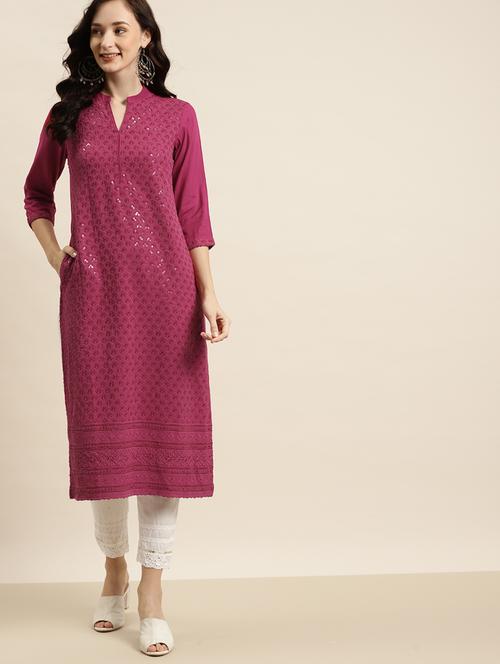 burgundy rayon straight kurta - 18030171 - Very Small Image - 1