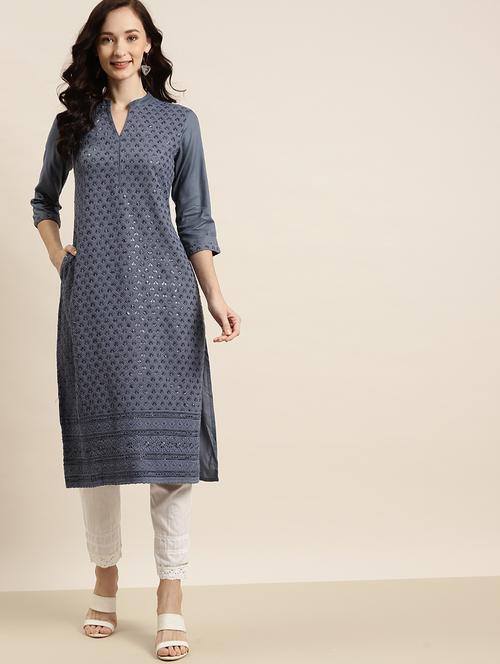 grey rayon straight kurta - 18030172 - Very Small Image - 1