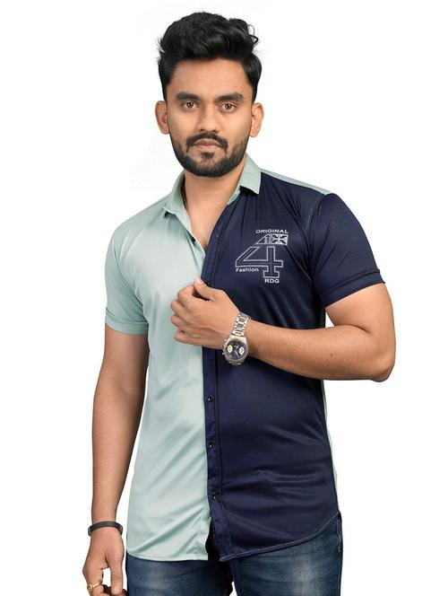 navy blue color block casual shirt - 18030665 - Very Small Image - 1