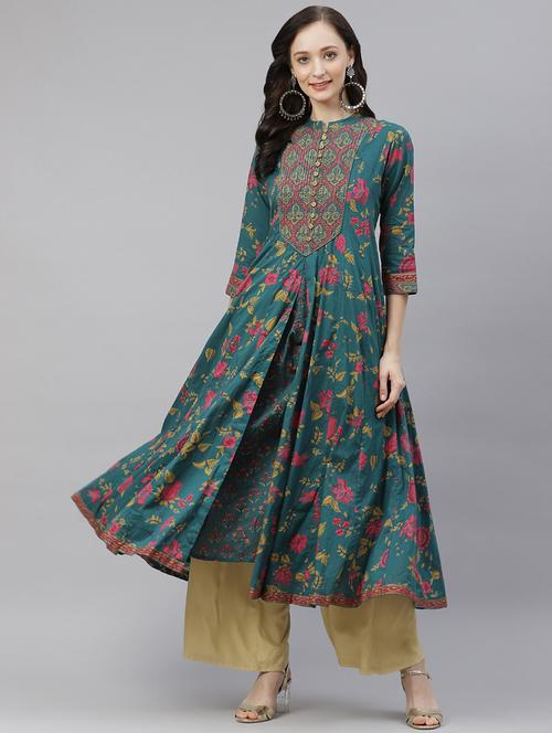 teal cotton anarkali kurta - 18030941 - Very Small Image - 1