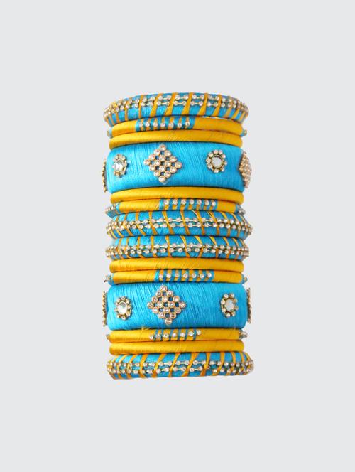 handmade silk thread sky blue and yellow bangles set of 14 - 18031736 - Very Small Image - 1