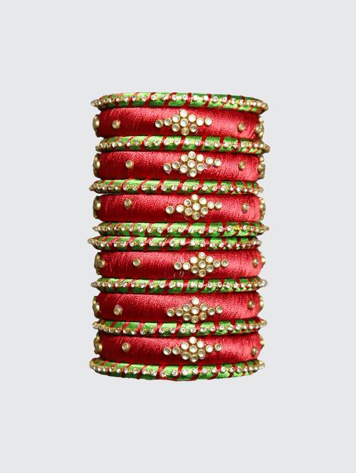 handmade silk thread red & green bangles set of 14 - 18031764 - Very Small Image - 1