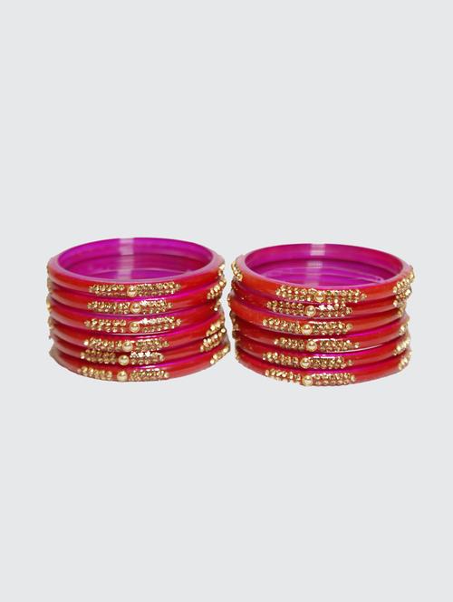 handmade red glass bangles golden stone with round kundan set of 12 - 18031900 - Very Small Image - 1