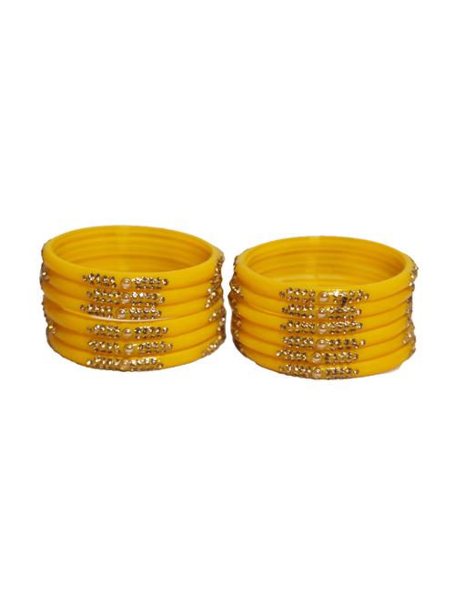 handmade yellow glass bangles golden stone with round kundan set of 12 - 18031905 - Very Small Image - 1