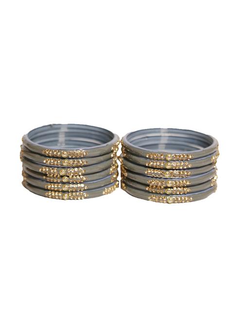 handmade gray glass bangles golden stone with round kundan set of 12 - 18031911 - Very Small Image - 1