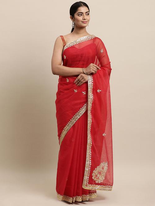 ethnic motifs gota patti saree with blouse - 18032982 - Very Small Image - 1