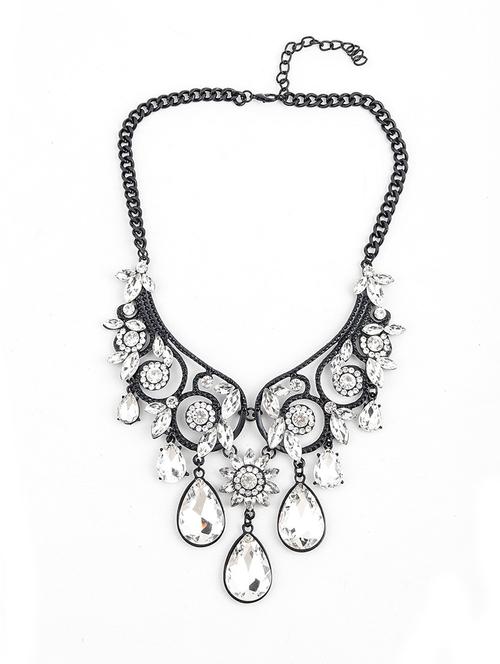 monochrome floral necklace with clear rhine stone droppings - 18034280 - Very Small Image - 1