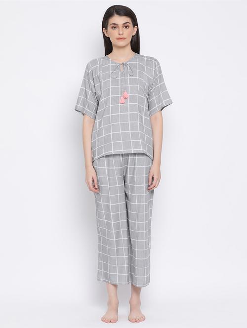 tie up neck checkered pajama set - 18035828 - Very Small Image - 1
