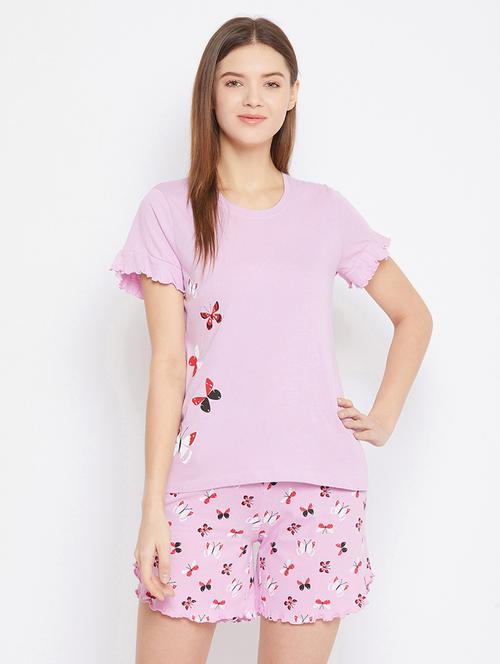 round neck printed nightwear shorts set - 18035879 - Very Small Image - 1