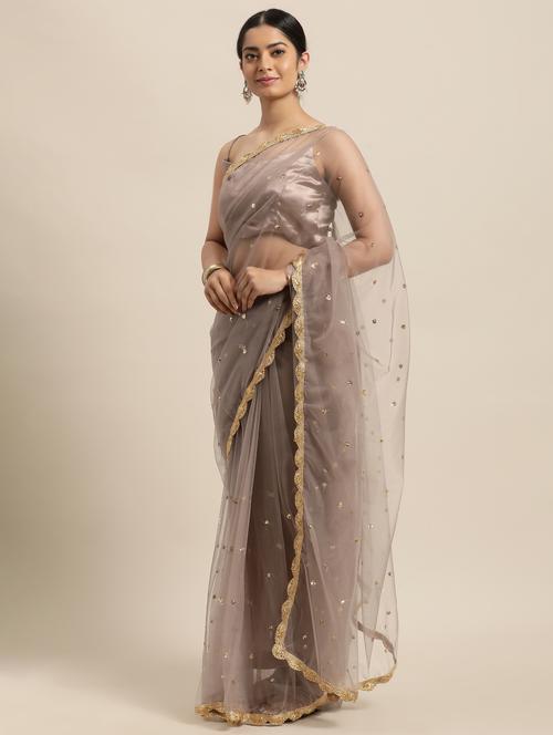 lace bordered sequined saree with blouse - 18038713 - Very Small Image - 1
