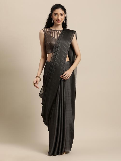 fringe detailed striped saree with blouse - 18038731 - Very Small Image - 1