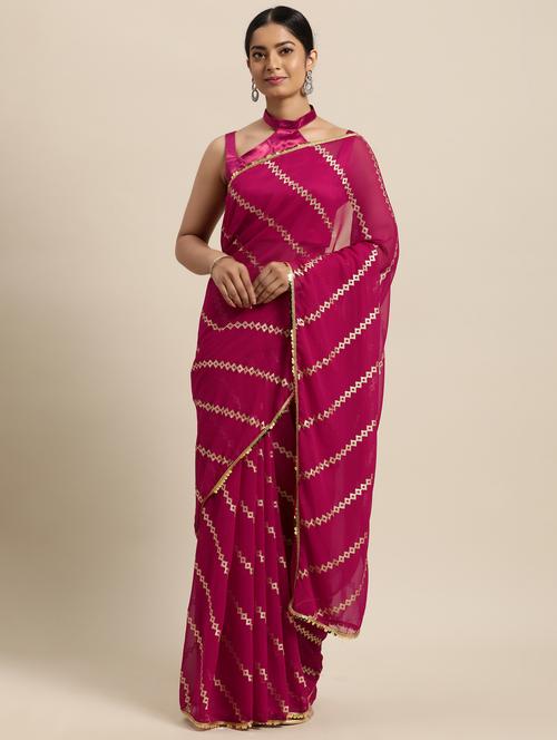 lace detailed striped saree with blouse - 18038734 - Very Small Image - 1