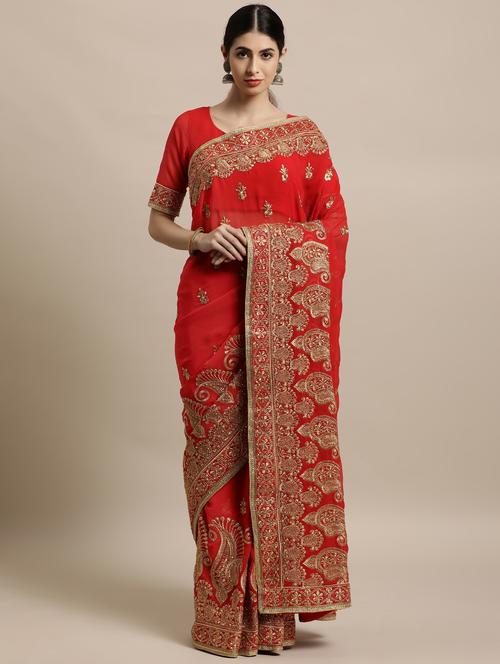 ethnic motifs embroidered saree with blouse - 18038762 - Very Small Image - 1