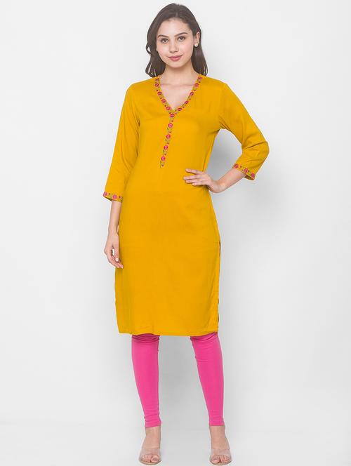 mustard viscose straight kurta - 18039491 - Very Small Image - 1