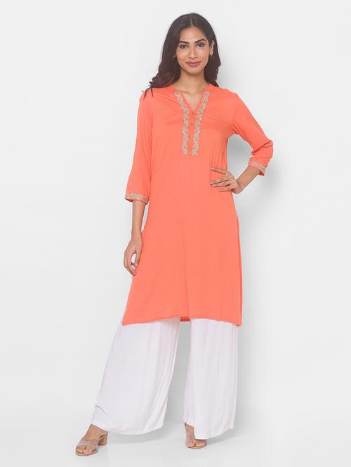 peach viscose straight kurta - 18039495 - Very Small Image - 1