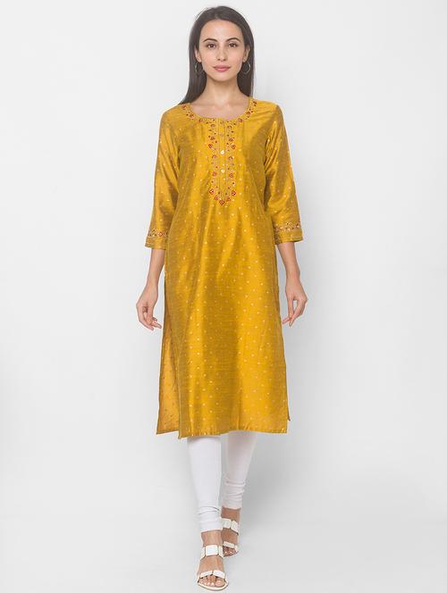 yellow viscose straight kurta - 18039518 - Very Small Image - 1