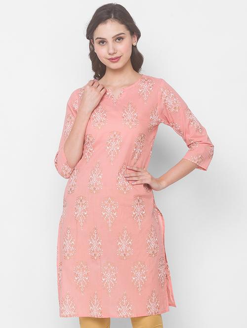 peach cotton straight kurta - 18039520 - Very Small Image - 1