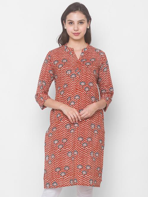 orange cotton straight kurta - 18039522 - Very Small Image - 1