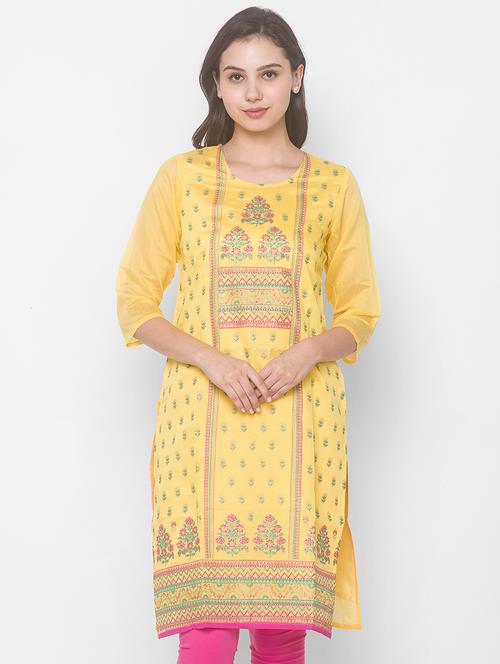 yellow chanderi straight kurta - 18039532 - Very Small Image - 1