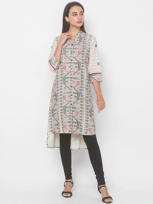 offwhite cotton highlow kurta - 18039535 - Very Small Image - 1