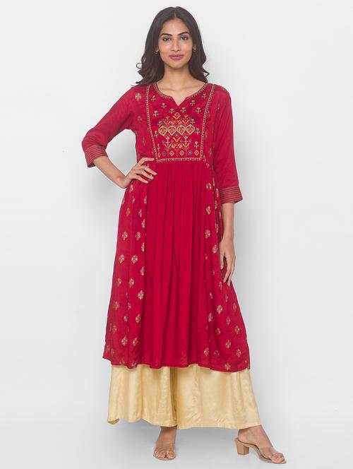 red printed flared kurta palazo set - 18039555 - Very Small Image - 1