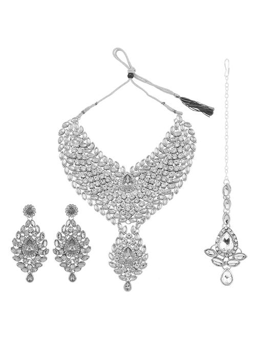 silver metal necklace earring and maang tikka set - 18040717 - Very Small Image - 1
