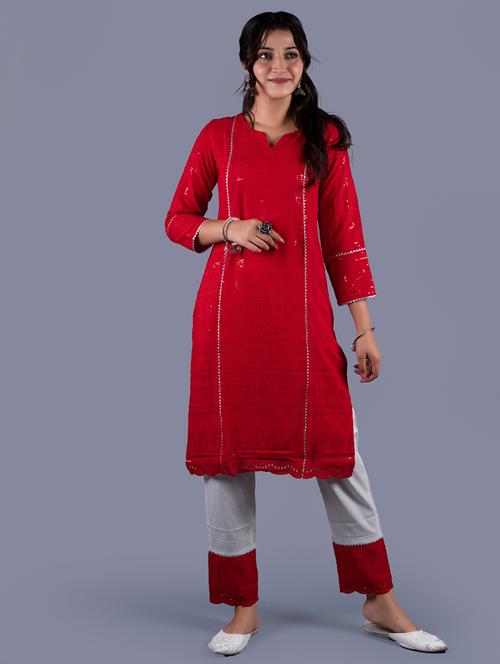 red cotton kurta palazzo set - 18041141 - Very Small Image - 1