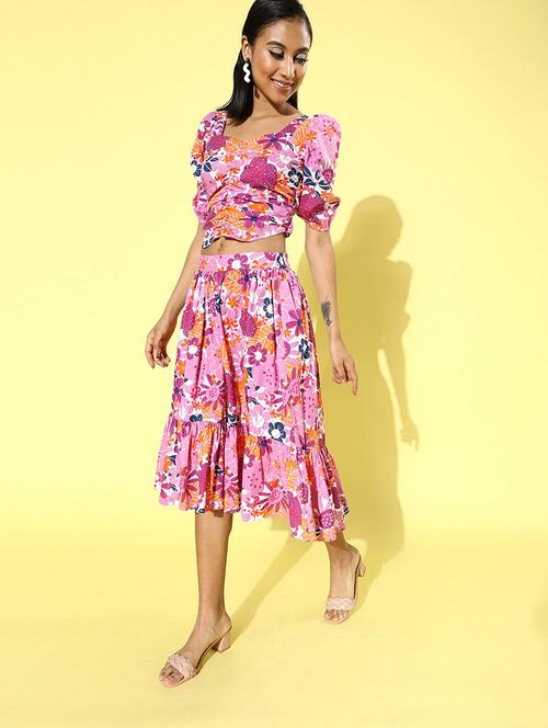square neck floral top with flared skirt set - 18041371 - Very Small Image - 1