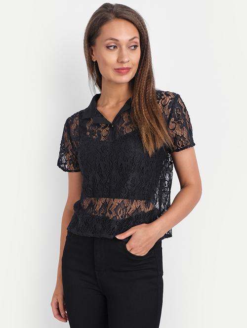 shirt collar mesh top - 18042069 - Very Small Image - 1
