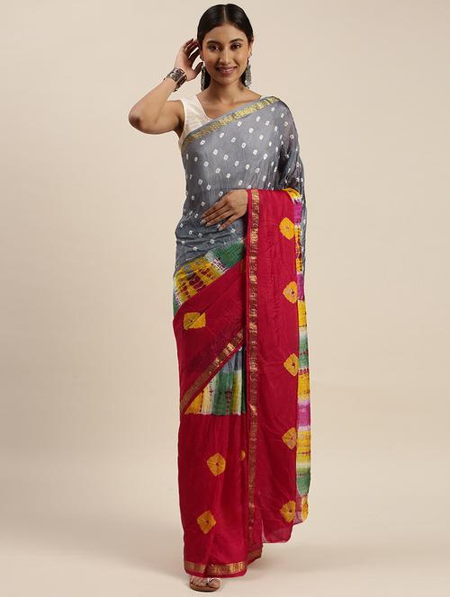 women's bandhani grey colored saree with blouse - 18042353 - Very Small Image - 1