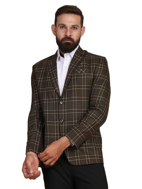 olive green checkered single breasted formal blazer - 18042879 - Very Small Image - 1