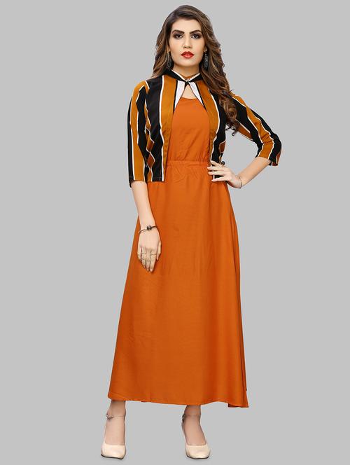 orange color sleeveless dress with jacket - 18043526 - Very Small Image - 1