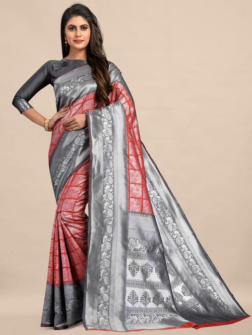 self design banarasi saree with blouse - 18043763 - Very Small Image - 1