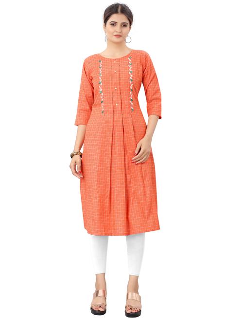 orange color rayon straight kurti - 18043944 - Very Small Image - 1