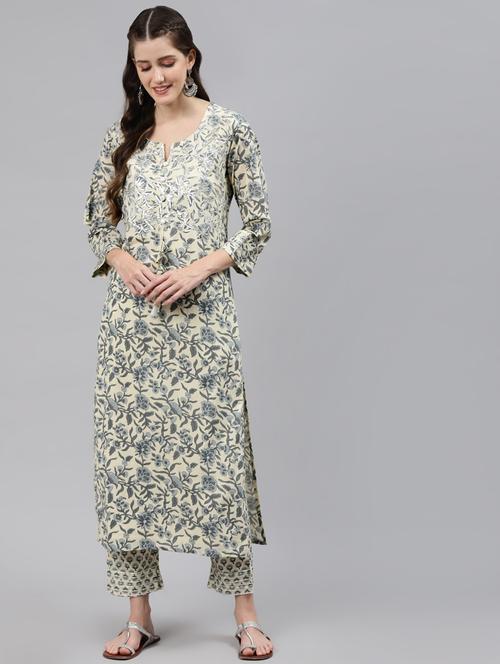 cream cotton kurta pant set - 18044088 - Very Small Image - 1