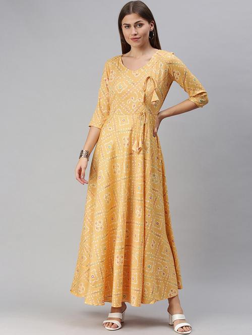 yellow rayon fit & flare ethnic dress - 18044457 - Very Small Image - 1