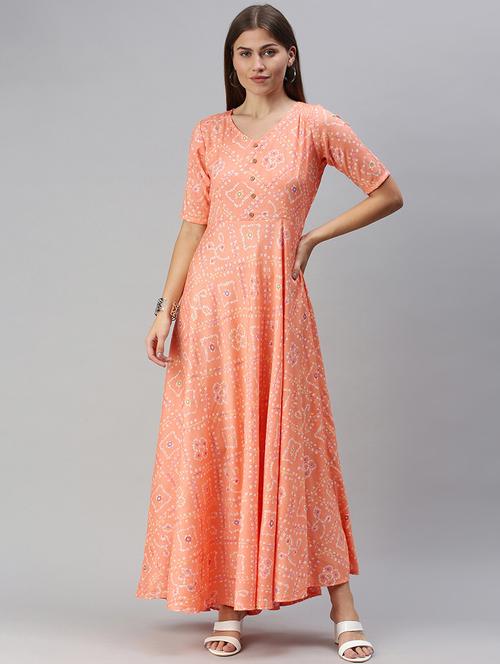 orange rayon fit & flare ethnic dress - 18044459 - Very Small Image - 1