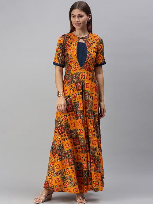 yellow rayon fit & flare ethnic dress - 18044462 - Very Small Image - 1