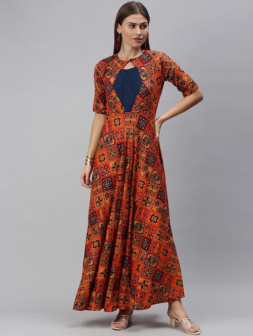 orange rayon fit & flare ethnic dress - 18044463 - Very Small Image - 1