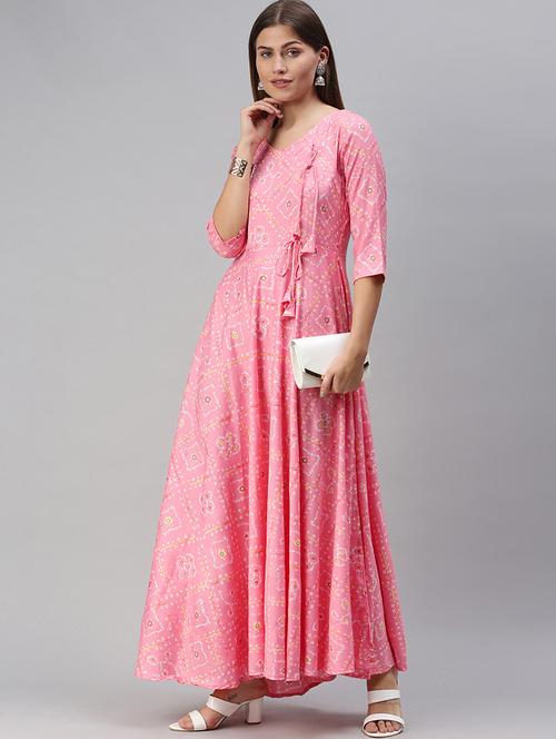 pink rayon fit & flare ethnic dress - 18044479 - Very Small Image - 1