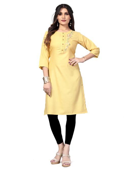 yellow color cotton straight kurti - 18044553 - Very Small Image - 1