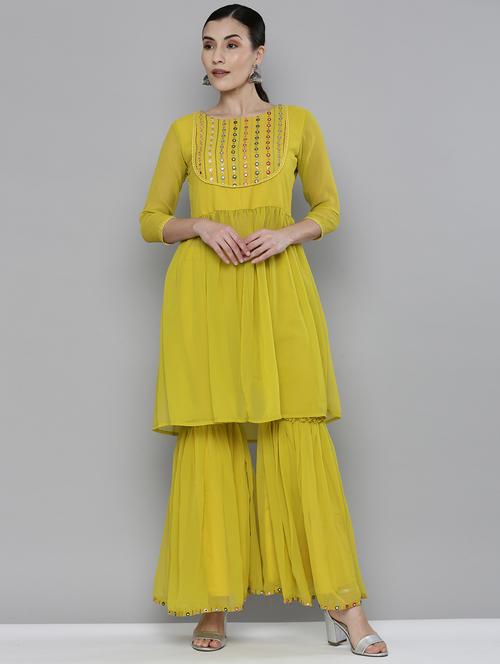 lime embroidered kurta sharara set - 18045037 - Very Small Image - 1