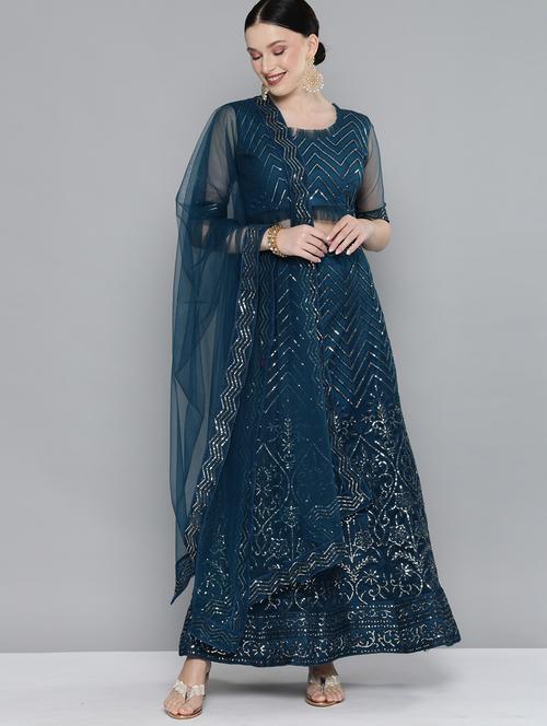 teal net flared lehenga - 18045796 - Very Small Image - 1