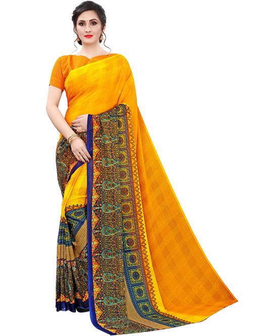 mustard printed saree with blouse - 18045925 - Very Small Image - 1