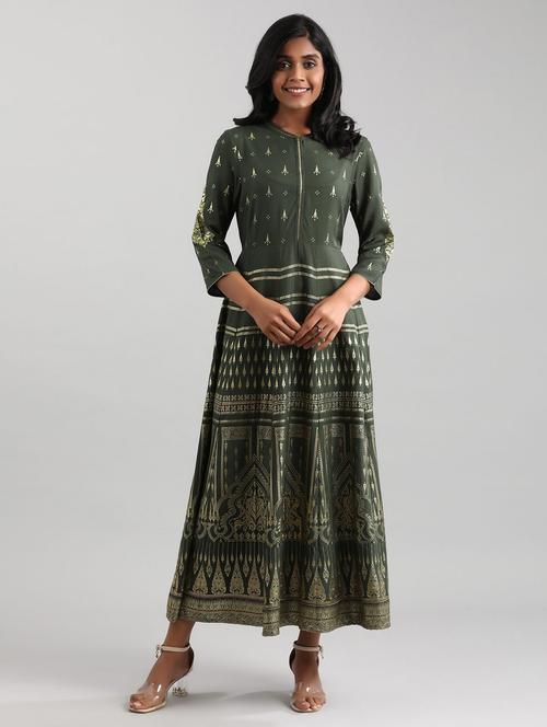 green modal aline ethnic dress - 18046070 - Very Small Image - 1