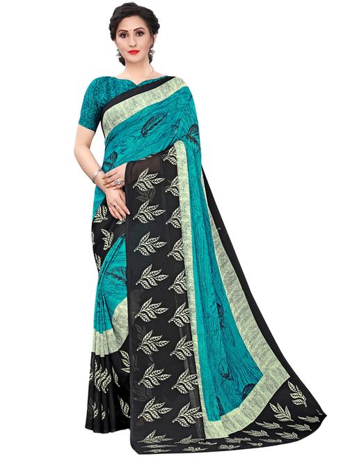 turquoise printed saree with blouse - 18046083 - Very Small Image - 1