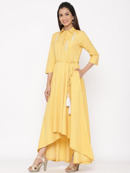 yellow color high low solid kurti - 18046633 - Very Small Image - 1